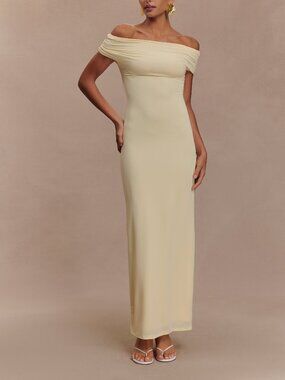 Meshki Imogen Off Shoulder Slinky Maxi Dress in Lemon